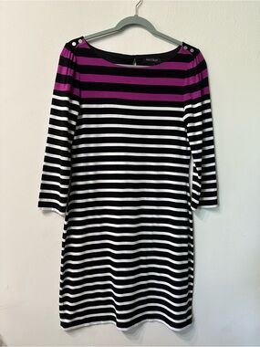 White House Black Market Striped Knit Shift Dress Black White Purple M